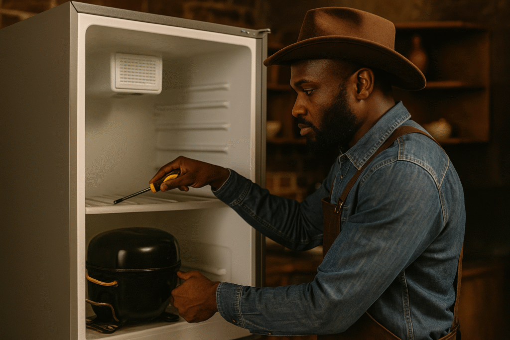Appliance Repair Service Technician at Work Technician repairing a household appliance in a modern kitchen