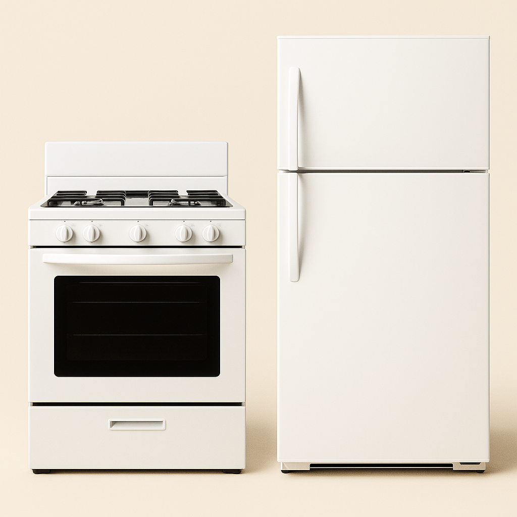 Stove and Refrigerator - Essential Appliances White stove and refrigerator side by side on cream background