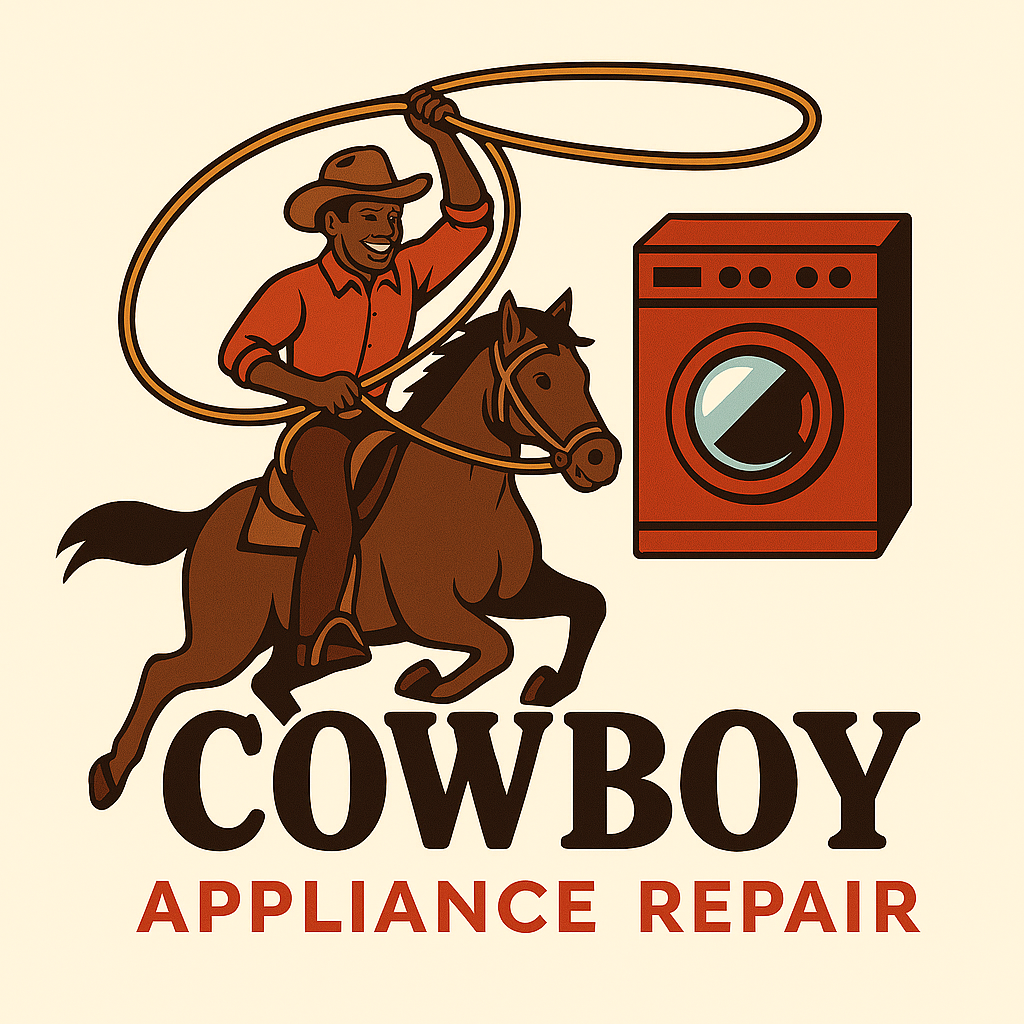 Cowboy Appliance Repair logo with a cowboy on a horse lassoing a washing machine